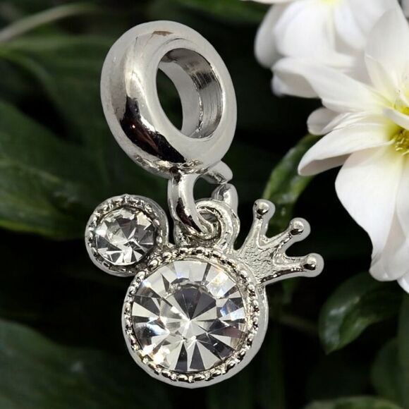 Mickey Mouse Ears Crown Hat Silver Zircon Bling Dangle Charm Pendant Bracelet - Picture 5 of 9